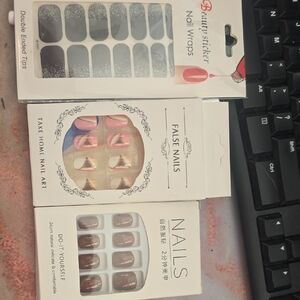Nail Wraps and False Nails Set with Gray, Pink, and Brown
